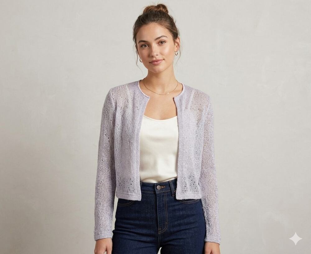 VTG Jessica McClintock Bolero Open Front Knit Cardigan Lavender Sparkly P EUC